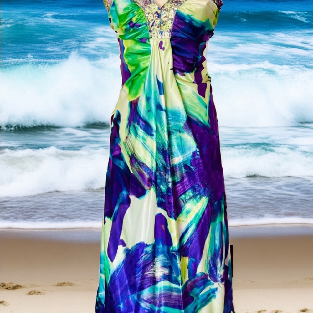 Masquerade XS Strapless Watercolor Dress in Purple and Green with Beaded Bodice - Picture 3 of 16